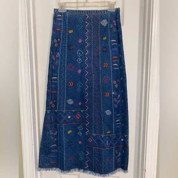 Chico's Dresses & Skirts - Chico's‎ Vintage Blue Jean Maxi Skirt with Embroidered Accents and Frayed Hem